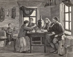 Siberia Prints: Russia (19th c.). Family breakfast in a house in northern Siberia