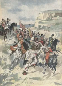Russia. Maneuvers of the Cossacks in Livadiato the Tsar Nicholas II of Russia. "Le Petit Journal". September 291901.. Engraving