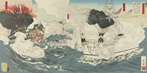 Russia Prints: Russian cruiser Varyag (right) under fire by Japanese during the Battle of Chemulpo Bay