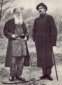 Overcoat Prints: Russian writers, Maxim Gorky and Count Leo Tolstoy on the estate Yasnaya Polyana in 1900