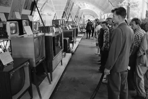 Broadcasting Prints: Russians looking at television sets at the American National Exhibition at Sokolniki Park in Moscow on August 5