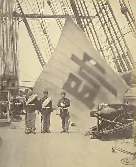 Korea Prints: US sailors display the captured Flag of Eo Jae-yeon