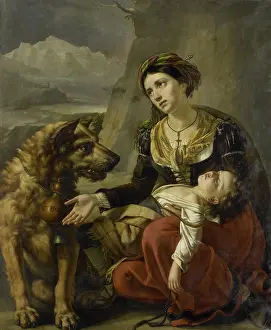 Belgium Prints: A Saint Bernard Dog Comes to the Aid of a Lost Woman with a Sick Child