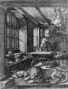 Jerome Prints: Saint Jerome (347-410), depicted as a scholar in his study