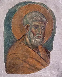 Saint Peter, 1200 - 1300, 13th - 14th Century, torn fresco - Vatican City, Vatican Museums. Whole artwork view. Image with Peter's face with halo. - Vatican Museums