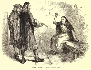 Witchcraft Prints: Salem Witch Trial. Martha Cory in jail for witchcraft with her prosecutors