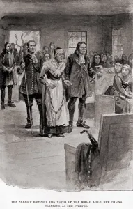 Guards Prints: Salem Witch Trials. Elderly Rebecca Nurse in heavy chains after her conviction for witchcraft in June 1692