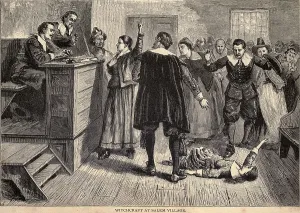 Witchcraft Prints: Salem Witch Trials. A women protests as one of her accusers