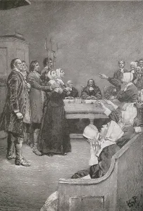 Guards Prints: Salem Witch Trials. Two women stand on trial in 1682 with guards