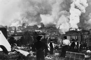 Cityscape Prints: San Francisco burning after April 18, 1906 earthquake viewed by people in Golden Gate Park