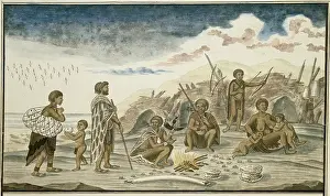 Folk Art Prints: The San People and their Huts on the Beach