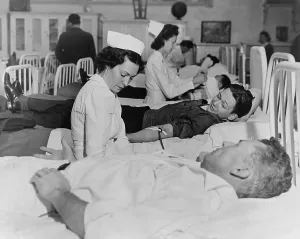 Patriotism Prints: San Quentin prisoners contribute their blood to the Red Cross during World War 2