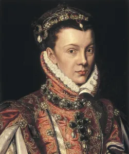 SANCHEZ COELLO, Alonso (1531-1588). Elizabeth of Valois. 1560. Renaissance art. Oil on canvas. Private Collection. AISA/Everett Collection**US SALES ONLY**