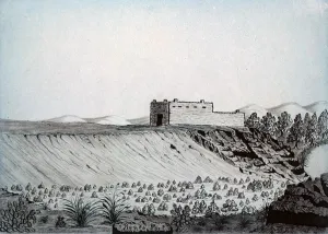 Westward Bound Prints: The Santa Fe Trail. Bent's Fort, Daniel Jenks, color drawing, 1859
