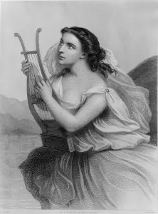 2008 Prints: Sappho (610-570 BC) ancient Greek poet depicted holding lyre. 19th century engraving