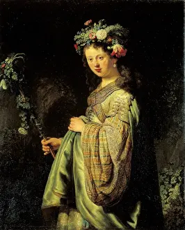 Saskia as Flora, by Rembrandt Harmenszoon van Rijn, 1643, 17th Century, oil on canvas, 125 x 101 cm - Russia, St. Petersburg, The State Hermitage Museum. Whole artwork view