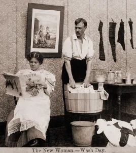 Housework Prints: Satire of feminism and women's rights advocacy showing an extreme role reversal in a 1900's American home