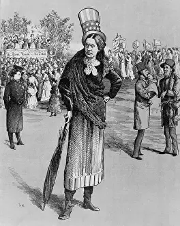 Banner Prints: Satirical cartoon of American women suffrage leader