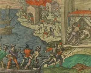 16th Century Prints: The scene appears to be based on the story in which Spaniard convict guided five French privateers ships to Cartagena