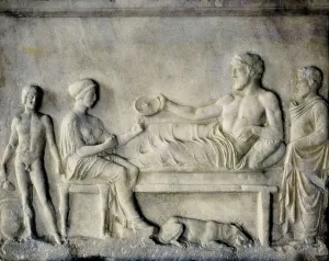 4th C Prints: Scene of a banquet. 4th c. BC. Classical Greek art