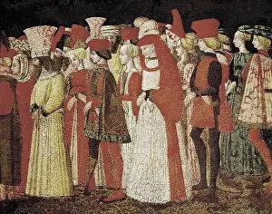 Attire Prints: Scene of Court. ca. 1460. Detail of the frontal of the wedding chest