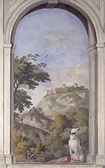 Road Prints: Scene with the dog in the foreground and the background rock