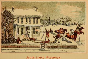 Bandits Prints: Scene of Jesse James shooting six men while resisting arrest at the Missouri home of his mother