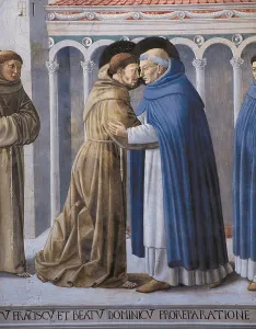 Scenes from the Life of St Francis Meeting of St Francis and St Dominic, by Benozzo di Lese di Sandro known as Benozzo Gozzoli, 15th Century, 1450 -1452, fresco, - Italy, Umbria
