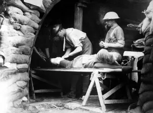 Bandages Prints: Scottish territorials being examined in a dressing station during Battle of Menin Road in Belgium