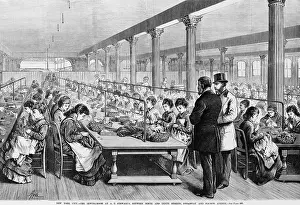 Sewing Prints: Seamstresses at long tables in the sewing-room at A.T
