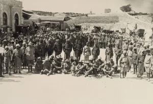 Australian Prints: Seated Australian POWs captured at Shellal in the First Battle of Gaza, March 26, 1917