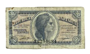 Coin Prints: Second Spanish Republic. Obverse of a 50 cents banknote (1937)