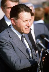 June Prints: Secretary of Defense Caspar Weinberger at a press conference at Landing Zone One in Beirut Lebanon where US forces were