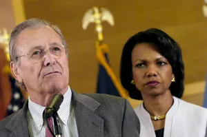 Images Dated 16th February 2011: Secretary of Defense Donald H. Rumsfeld speaks to reporters as Secretary of State Condoleezza Rice listens
