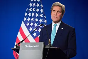Switzerland Prints: Secretary Kerry at press conference at the end of P5+1 negotiations about Iran's nuclear program