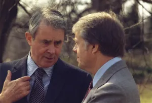 Vance Prints: Secretary of State Cyrus Vance talks with President Carter on the White House lawn in March of 1977
