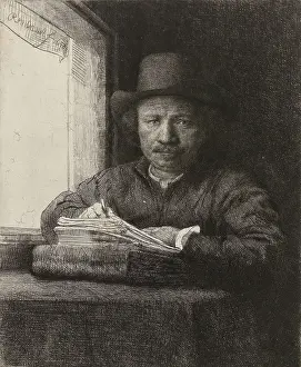 1640s Prints: Self-portrait of Rembrandt, Etching at a Window