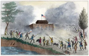 Riverbank Prints: Seminole Wars. Attack by the Seminole Indians on a fort on the Withlacoochee River in December 1835
