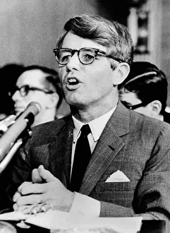 Presidents Brother Prints: Sen. Robert F. Kennedy testifying before Senate subcommittee He charged that defects in President Johnson's