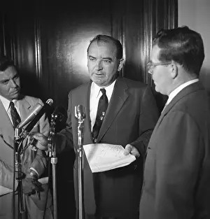 Microphones Prints: Senator Joseph McCarthy speaking to press during the Army-McCarthy hearings in June 1954