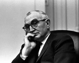 Cabinet Room Prints: Senator Wayne Morse Wayne (1900-1974) from Oregon during a meeting with President Lyndon Johnson (unseen)