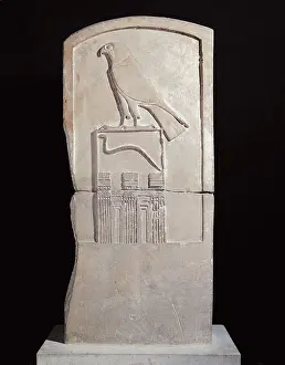 Serpent king Stela. 3000 BC. Upper detail: Horus. Found in the tomb of the third Pharaoh, 1st Dynasty, Djet. Egyptian art. Thinite period. Relief on rock. FRANCE. Paris