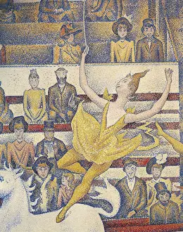 SEURAT, Georges (1859-1891). The Circus. 1891. Central detail of the acrobat. Work begun by Seurat but finished by his friends. Pointillism. Oil on canvas. FRANCE. Paris