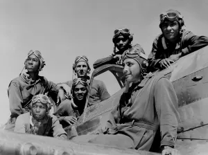 Images Dated 12th August 2009: Seven African American fliers on airplane, Tuskegee Army Air Field, Alabama