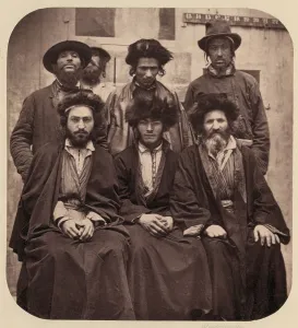 Traditional Costume Prints: Seven Ashkenazi Jewish men, a woodburytype illustration in UNDERGROUND JERUSALEM of 1876
