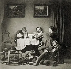 Informal Prints: Seven drunk young men around table and on the floor