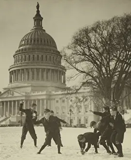 Playing Prints: Seven Senate page boys in snowball battle in front of U