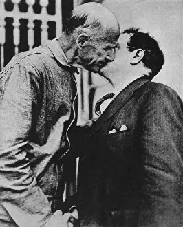Seymour Prints: Seymour Stedman, and Eugene Debs shake hands and kiss at Atlanta Federal Penitentiary