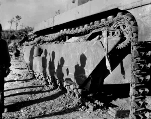 Tanks Prints: Shadows of 6th Division Marines on a battle-wrecked tank on Okinawa