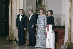 Evening Dress Prints: The Shah of Iran Jimmy Carter the Shahbanou of Iran and Rosalynn Carter during a state dinner for the Iranian leader
